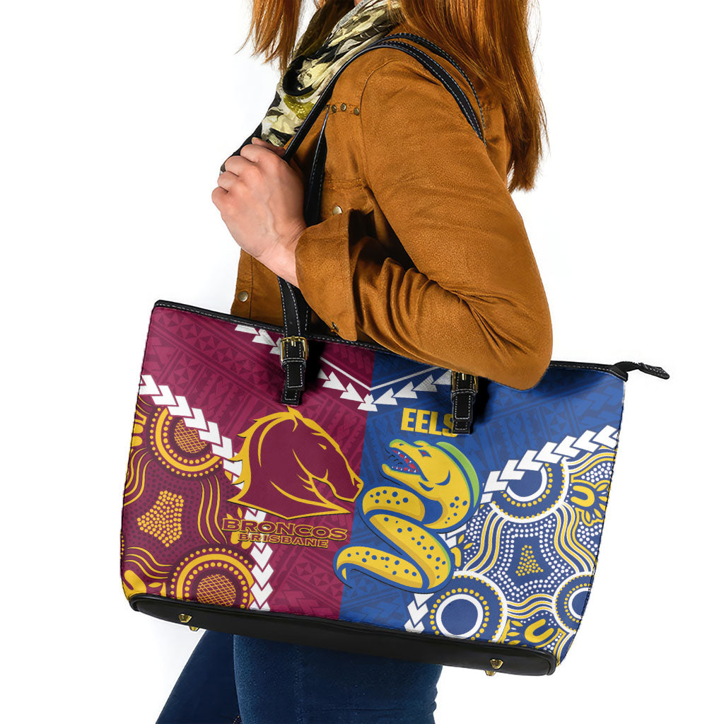 Rugby Broncos and Eels Leather Tote Bag 2026 Together Aboriginal Polynesian Pattern