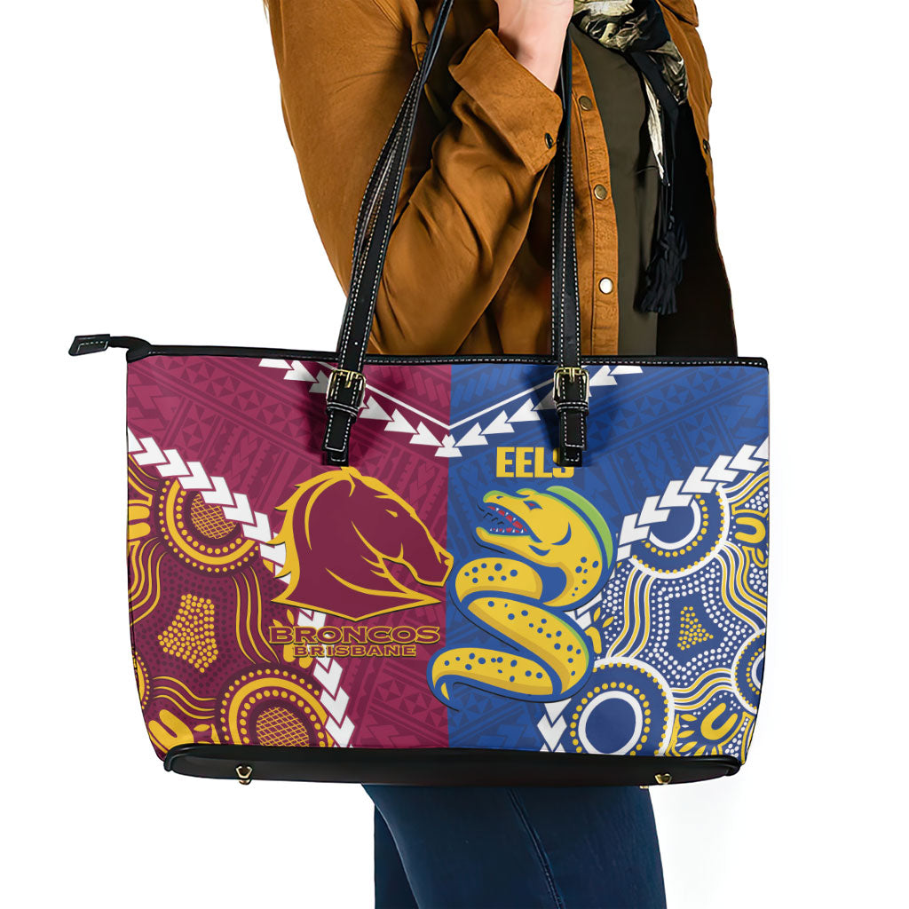Rugby Broncos and Eels Leather Tote Bag 2026 Together Aboriginal Polynesian Pattern
