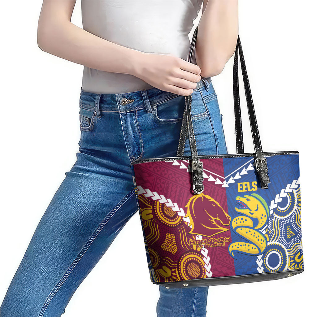 Rugby Broncos and Eels Leather Tote Bag 2026 Together Aboriginal Polynesian Pattern