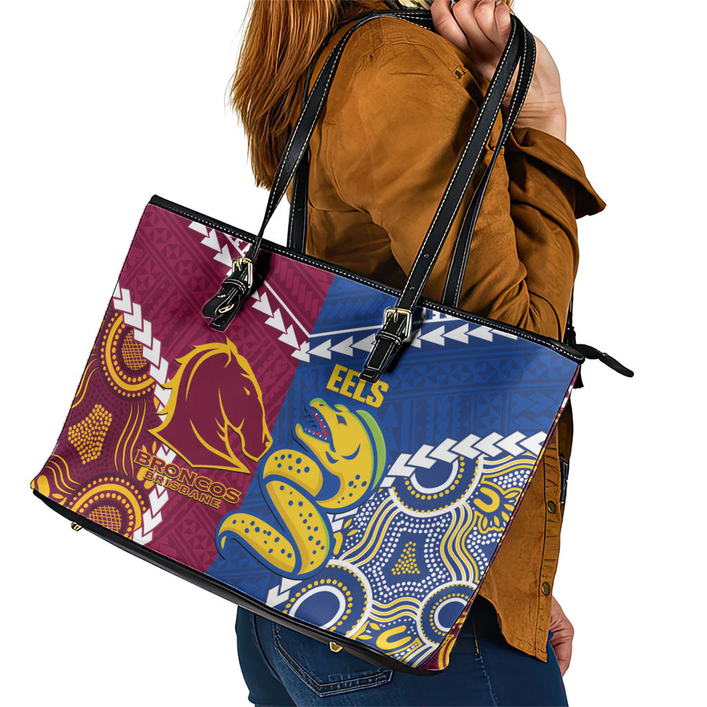 Rugby Broncos and Eels Leather Tote Bag 2026 Together Aboriginal Polynesian Pattern