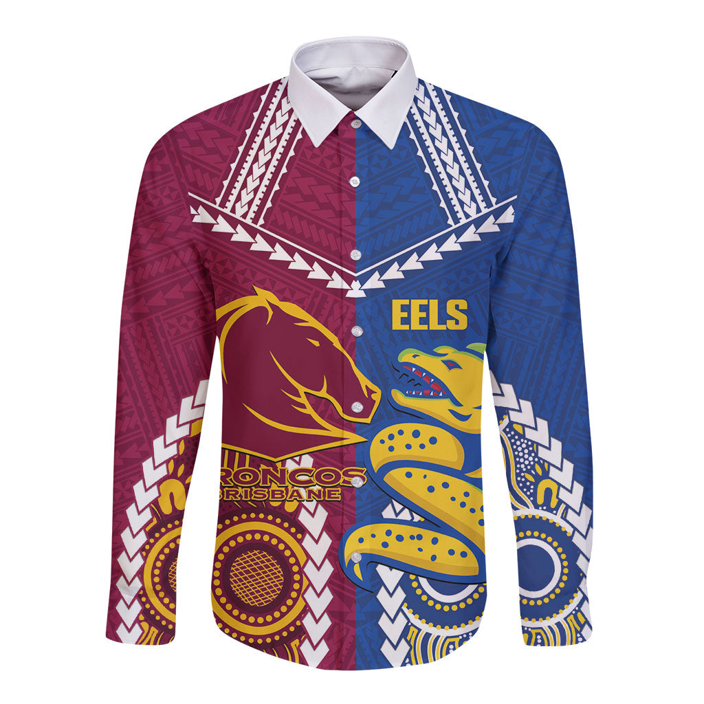 Custom Rugby Broncos and Eels Long Sleeve Button Shirt 2026 Together Aboriginal Polynesian Pattern