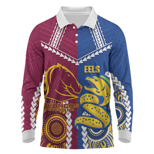 Custom Rugby Broncos and Eels Long Sleeve Polo Shirt 2026 Together Aboriginal Polynesian Pattern