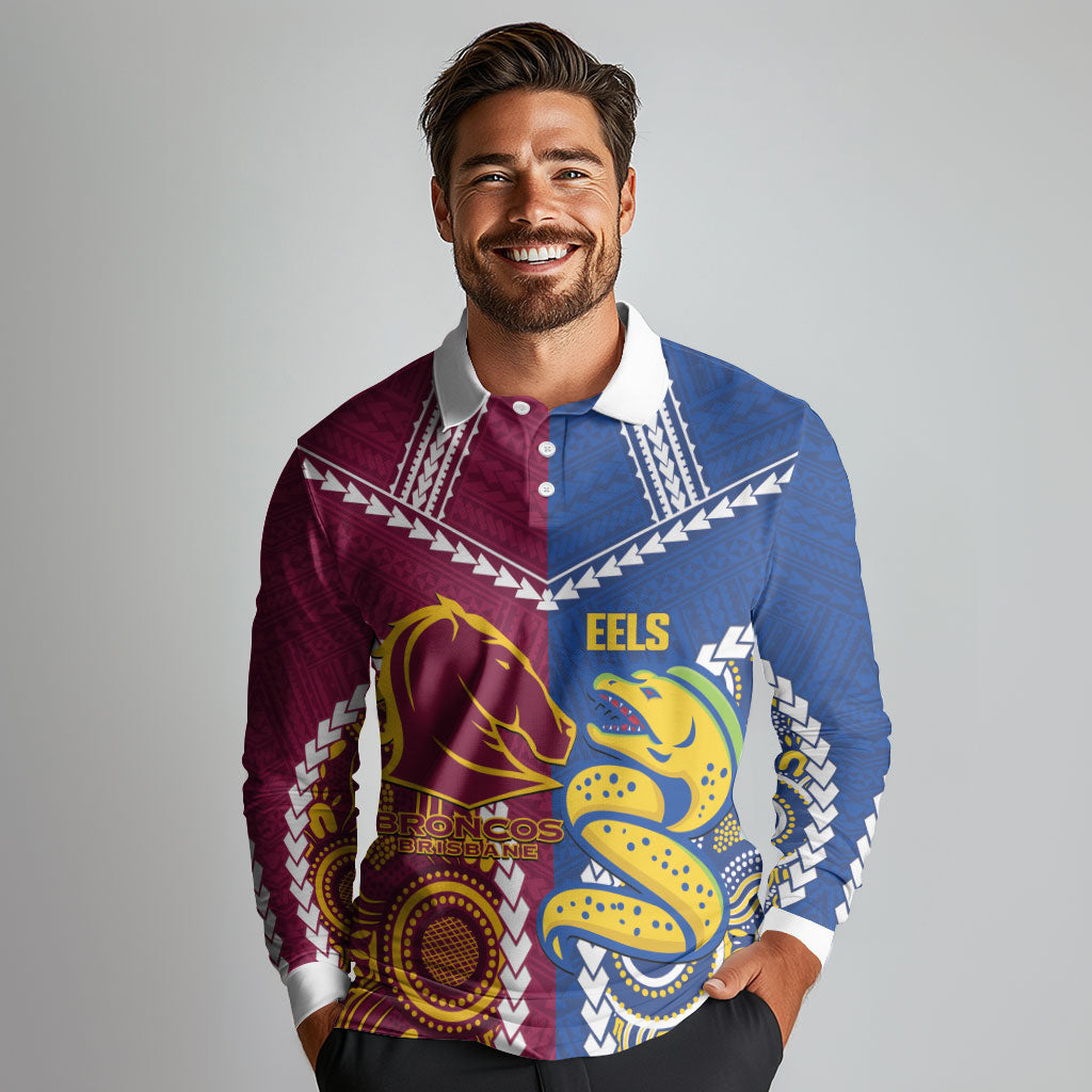 Custom Rugby Broncos and Eels Long Sleeve Polo Shirt 2026 Together Aboriginal Polynesian Pattern