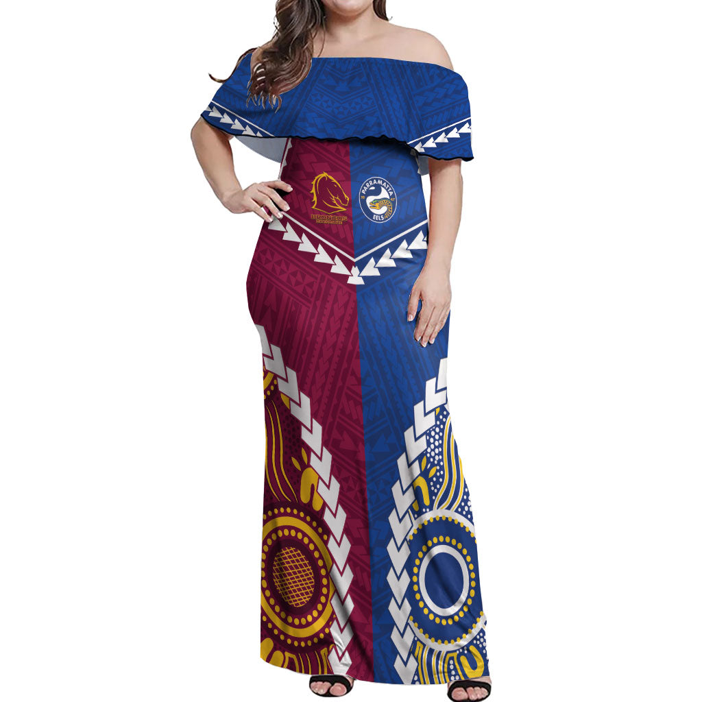 Custom Rugby Broncos and Eels Off Shoulder Maxi Dress 2026 Together Aboriginal Polynesian Pattern