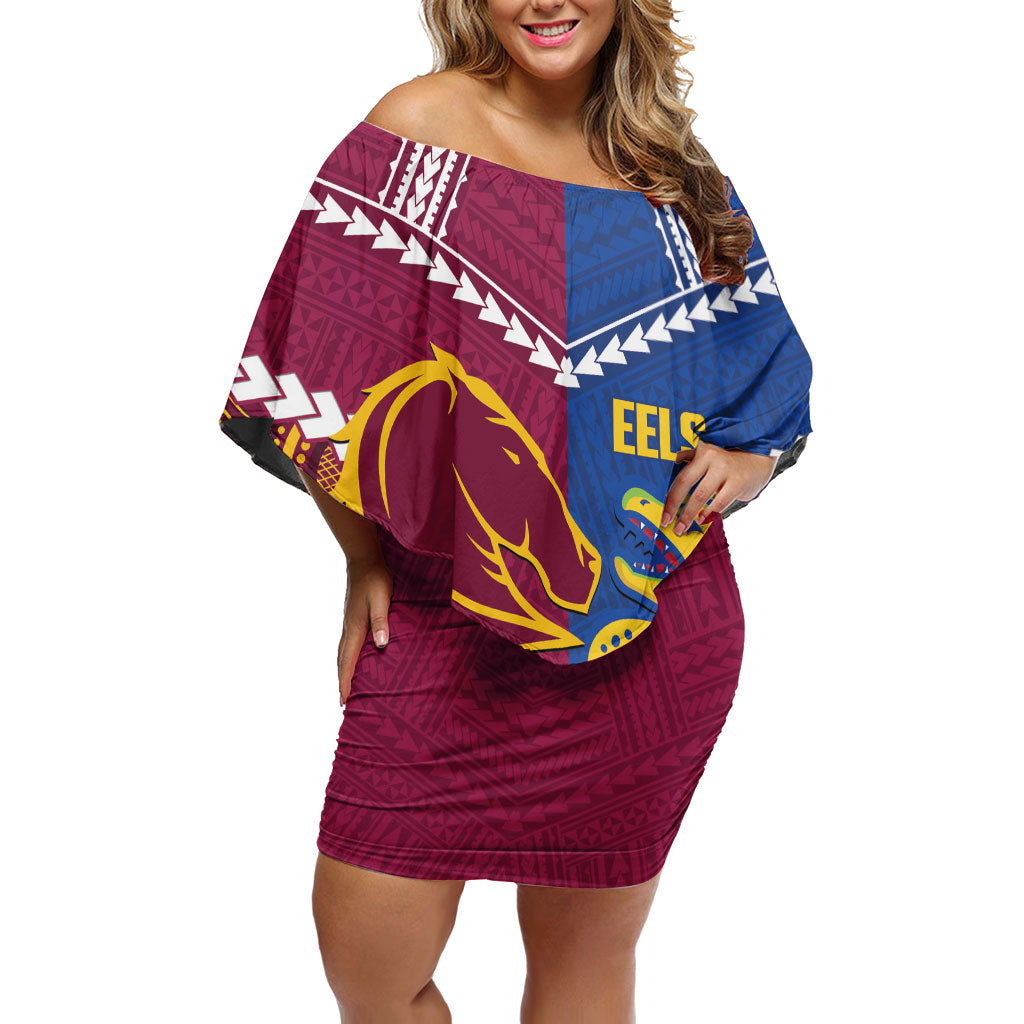 Custom Rugby Broncos and Eels Off Shoulder Short Dress 2026 Together Aboriginal Polynesian Pattern