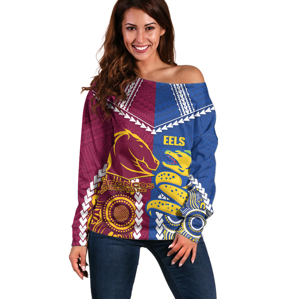 Custom Rugby Broncos and Eels Off Shoulder Sweater 2026 Together Aboriginal Polynesian Pattern