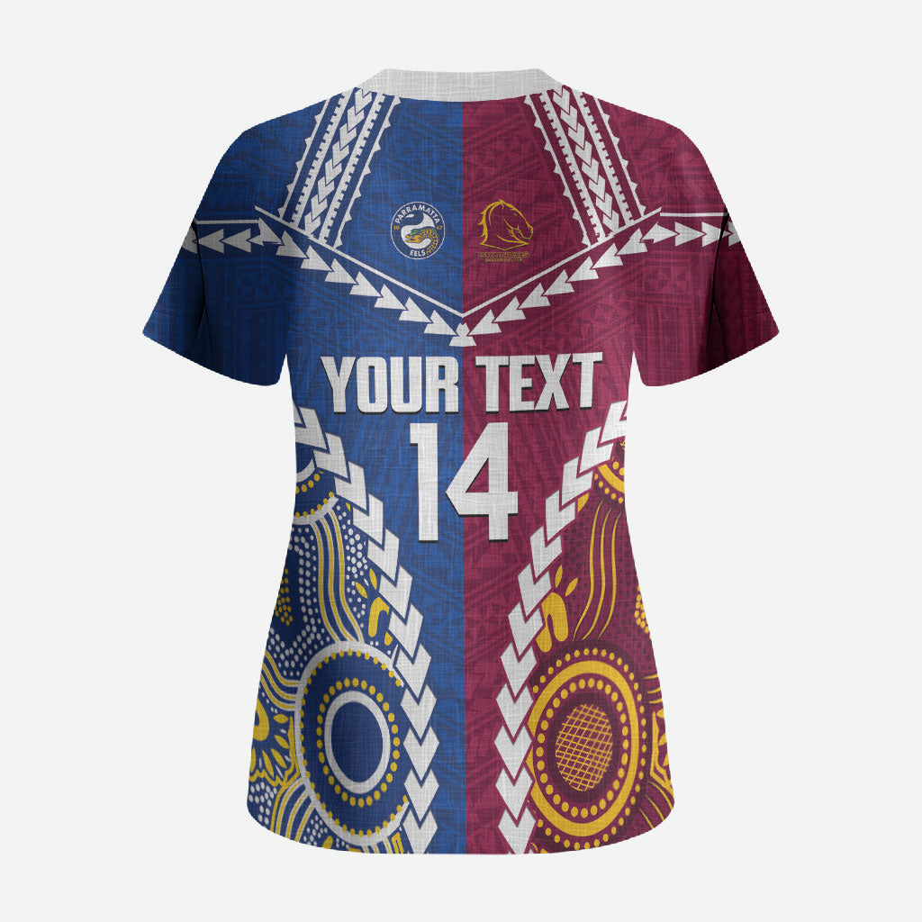 Custom Rugby Broncos and Eels Scrub Top 2026 Together Aboriginal Polynesian Pattern