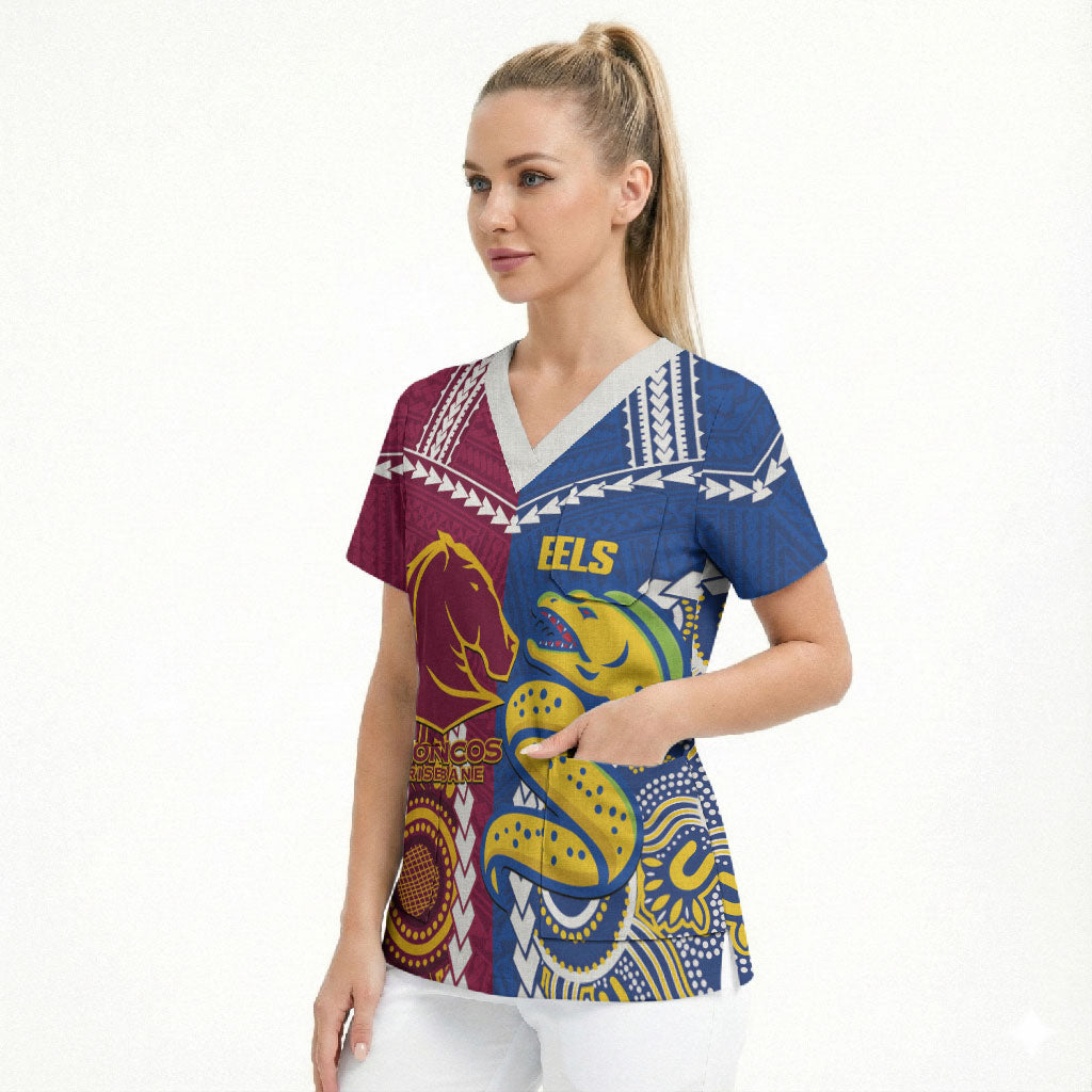 Custom Rugby Broncos and Eels Scrub Top 2026 Together Aboriginal Polynesian Pattern