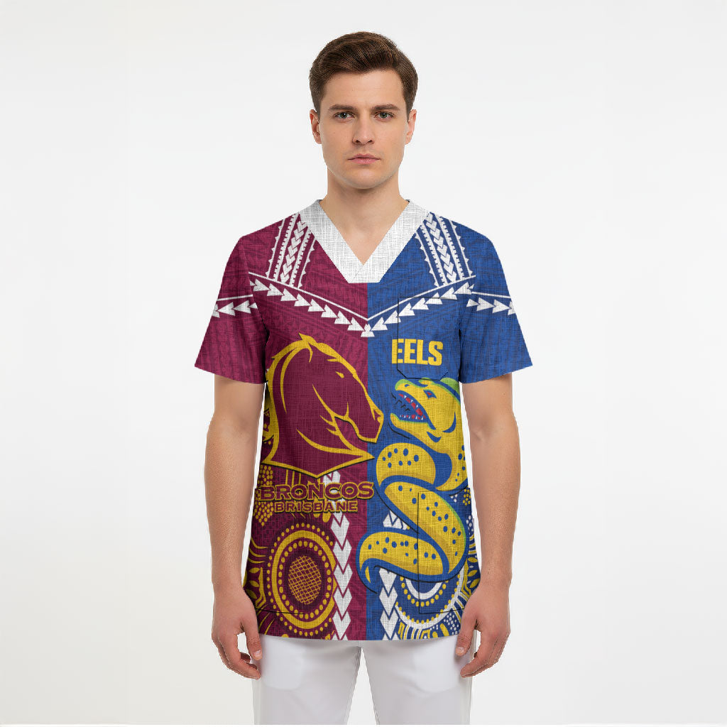 Custom Rugby Broncos and Eels Scrub Top 2026 Together Aboriginal Polynesian Pattern