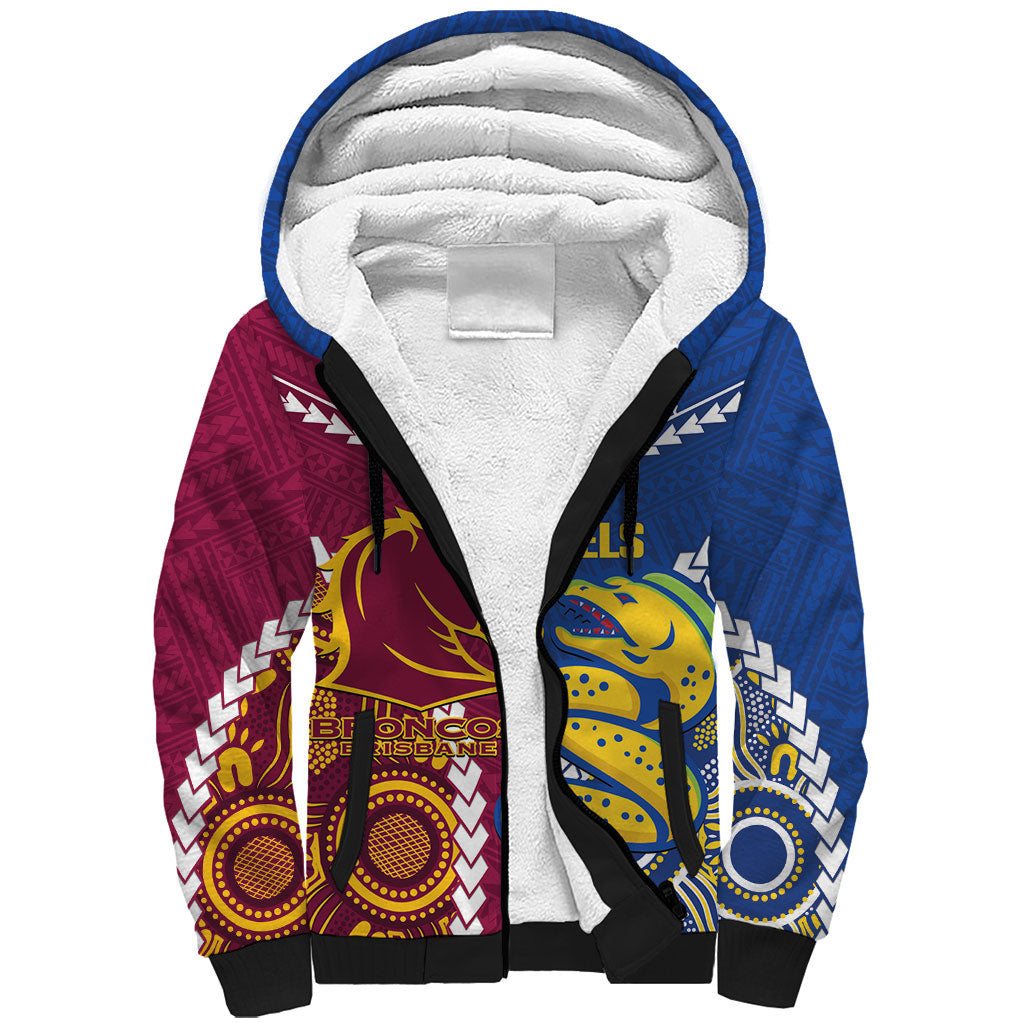 Custom Rugby Broncos and Eels Sherpa Hoodie 2026 Together Aboriginal Polynesian Pattern