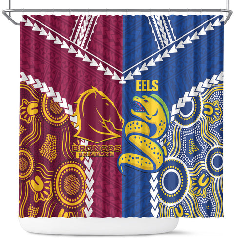 Rugby Broncos and Eels Shower Curtain 2026 Together Aboriginal Polynesian Pattern