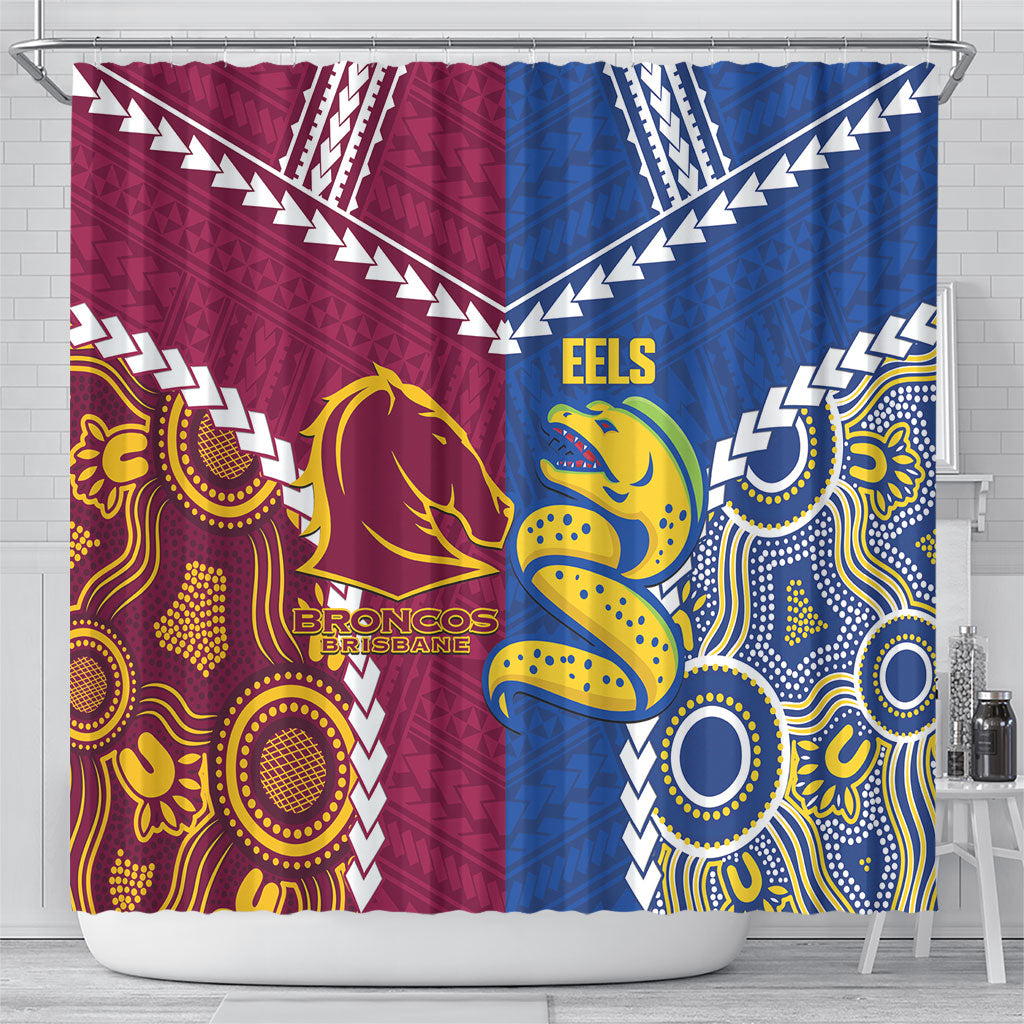 Rugby Broncos and Eels Shower Curtain 2026 Together Aboriginal Polynesian Pattern