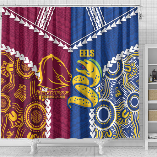 Rugby Broncos and Eels Shower Curtain 2026 Together Aboriginal Polynesian Pattern