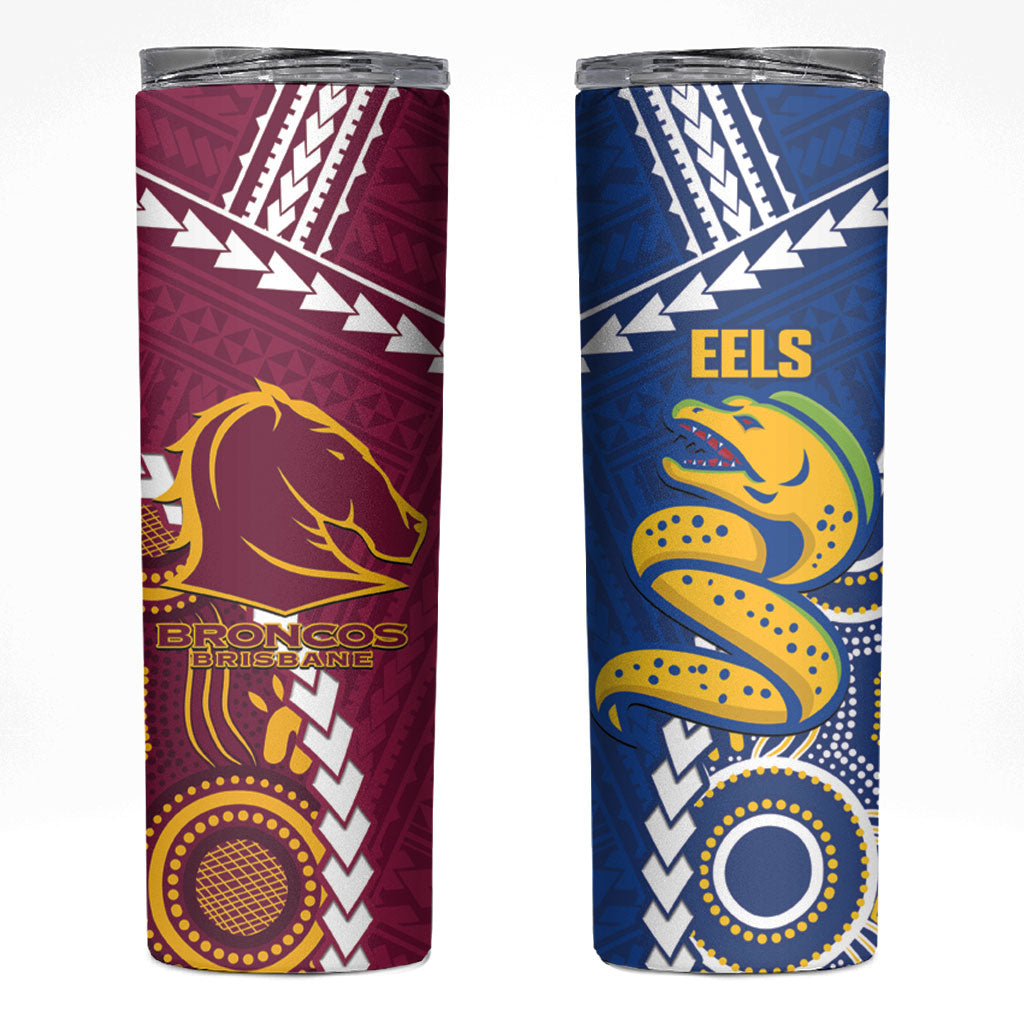 Custom Rugby Broncos and Eels Skinny Tumbler 2026 Together Aboriginal Polynesian Pattern
