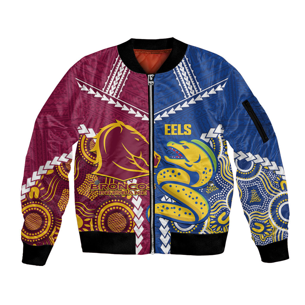 Custom Rugby Broncos and Eels Sleeve Zip Bomber Jacket 2026 Together Aboriginal Polynesian Pattern