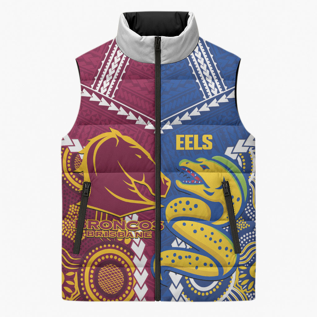 Custom Rugby Broncos and Eels Sleeveless Puffer Jacket 2026 Together Aboriginal Polynesian Pattern