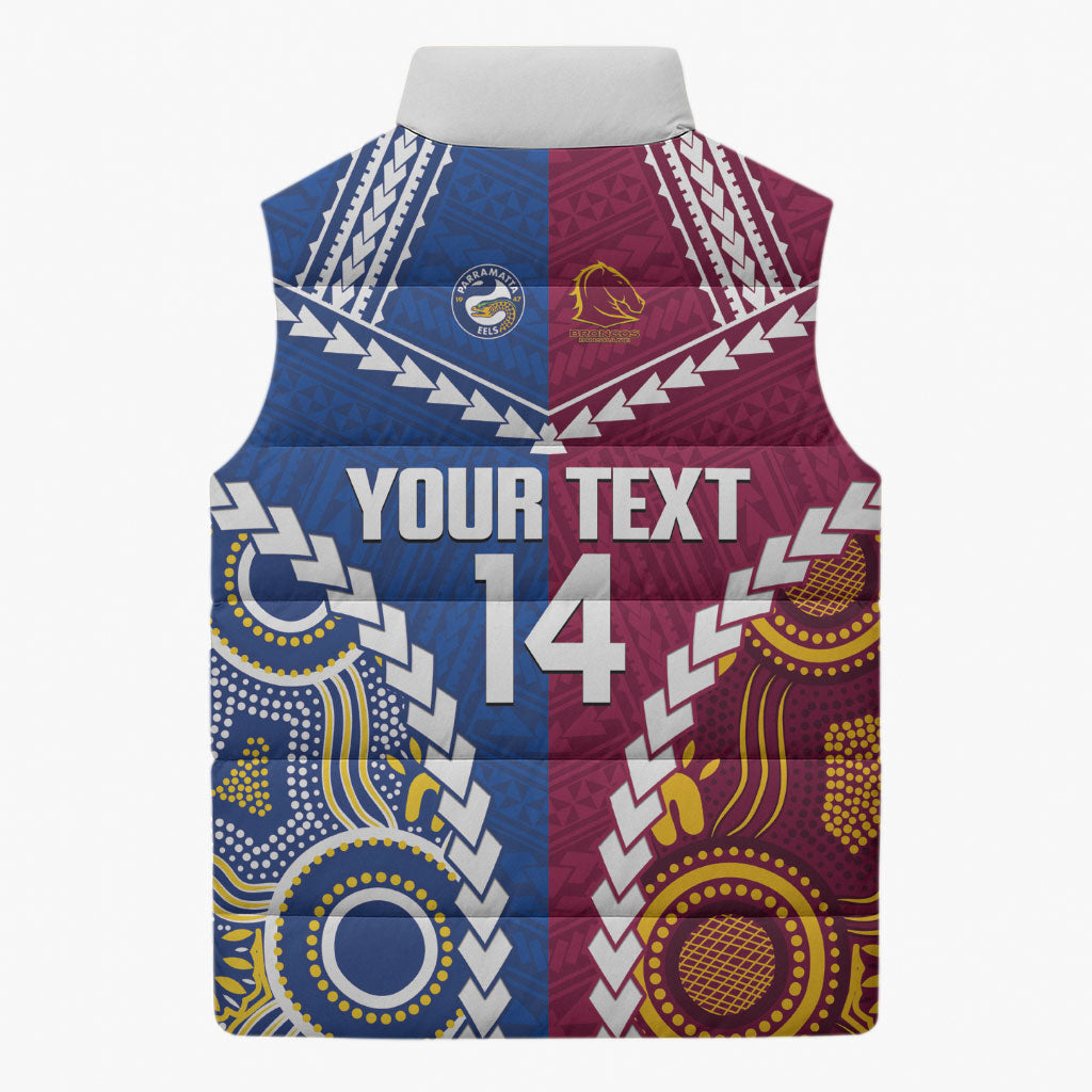 Custom Rugby Broncos and Eels Sleeveless Puffer Jacket 2026 Together Aboriginal Polynesian Pattern