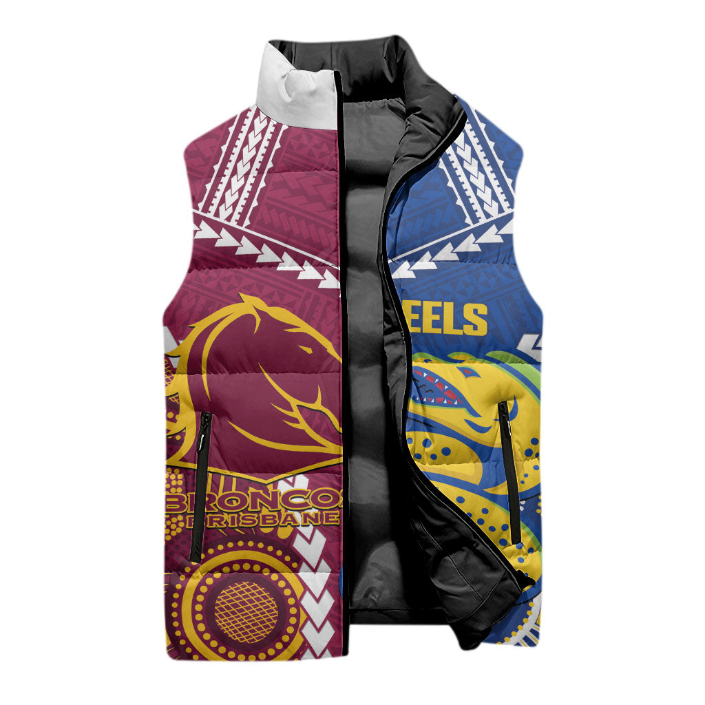 Custom Rugby Broncos and Eels Sleeveless Puffer Jacket 2026 Together Aboriginal Polynesian Pattern