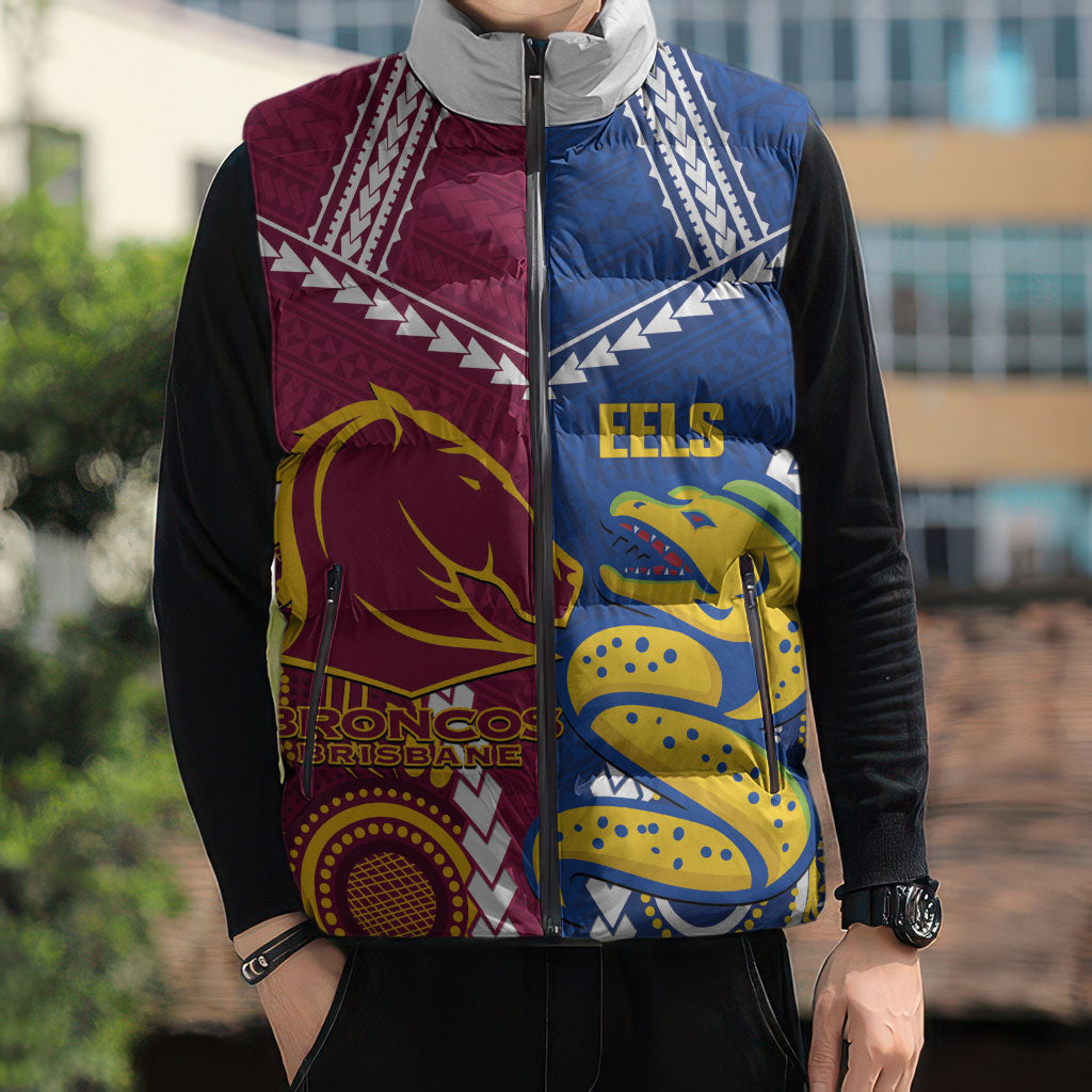 Custom Rugby Broncos and Eels Sleeveless Puffer Jacket 2026 Together Aboriginal Polynesian Pattern