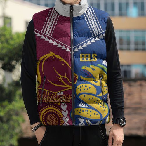 Custom Rugby Broncos and Eels Sleeveless Puffer Jacket 2026 Together Aboriginal Polynesian Pattern