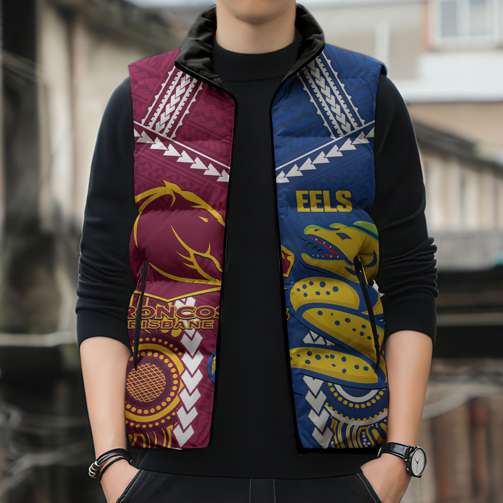 Custom Rugby Broncos and Eels Sleeveless Puffer Jacket 2026 Together Aboriginal Polynesian Pattern