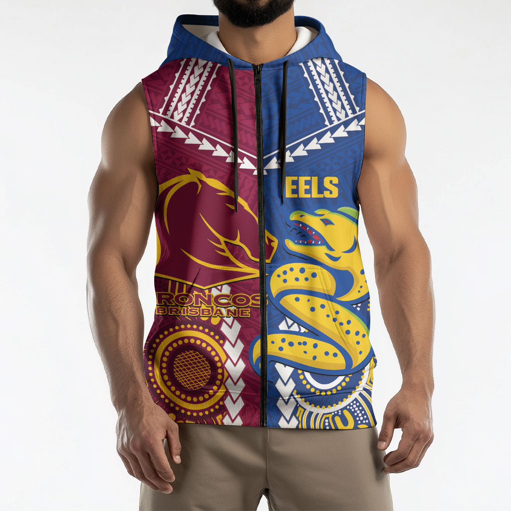 Custom Rugby Broncos and Eels Sleeveless Zip Hoodie 2026 Together Aboriginal Polynesian Pattern