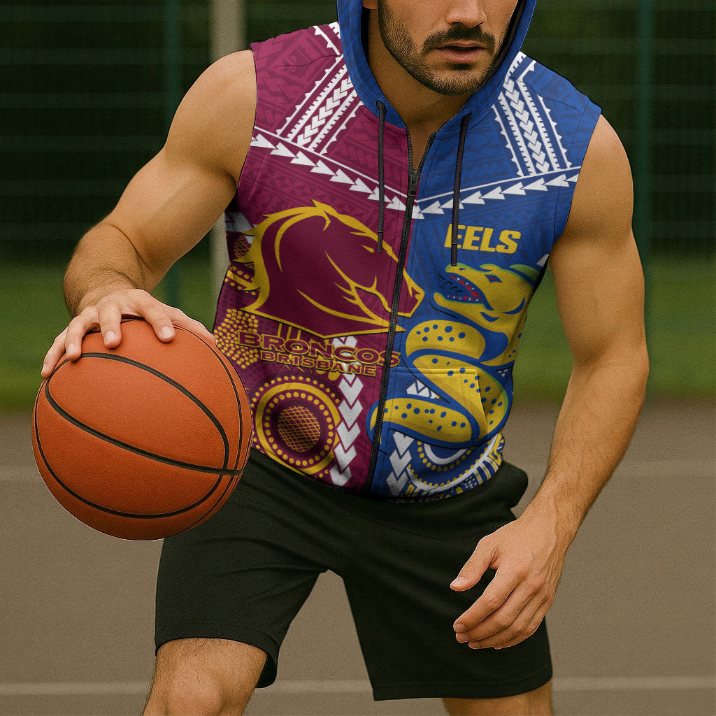 Custom Rugby Broncos and Eels Sleeveless Zip Hoodie 2026 Together Aboriginal Polynesian Pattern