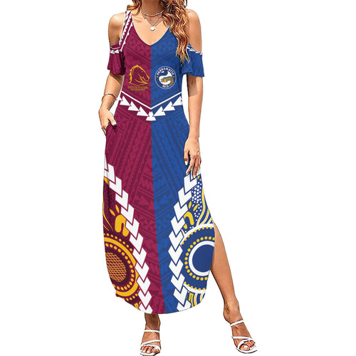 Custom Rugby Broncos and Eels Summer Maxi Dress 2026 Together Aboriginal Polynesian Pattern