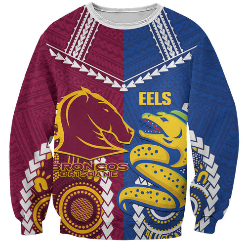 Custom Rugby Broncos and Eels Sweatshirt 2026 Together Aboriginal Polynesian Pattern