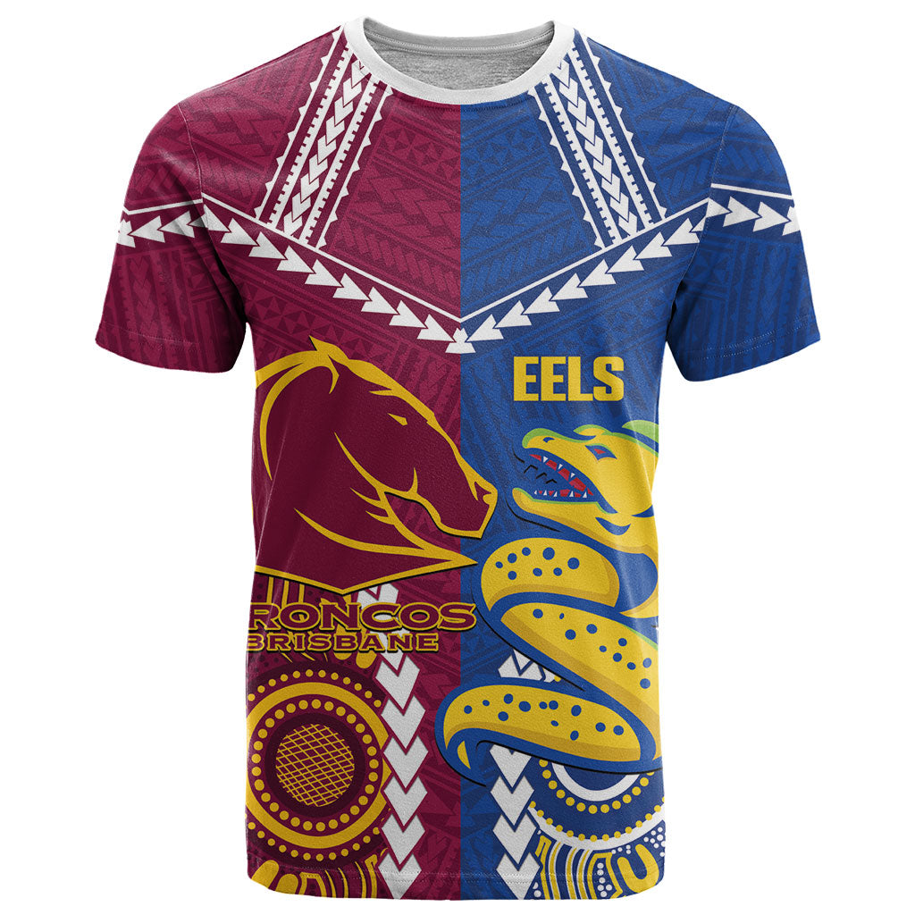 Custom Rugby Broncos and Eels T Shirt 2026 Together Aboriginal Polynesian Pattern