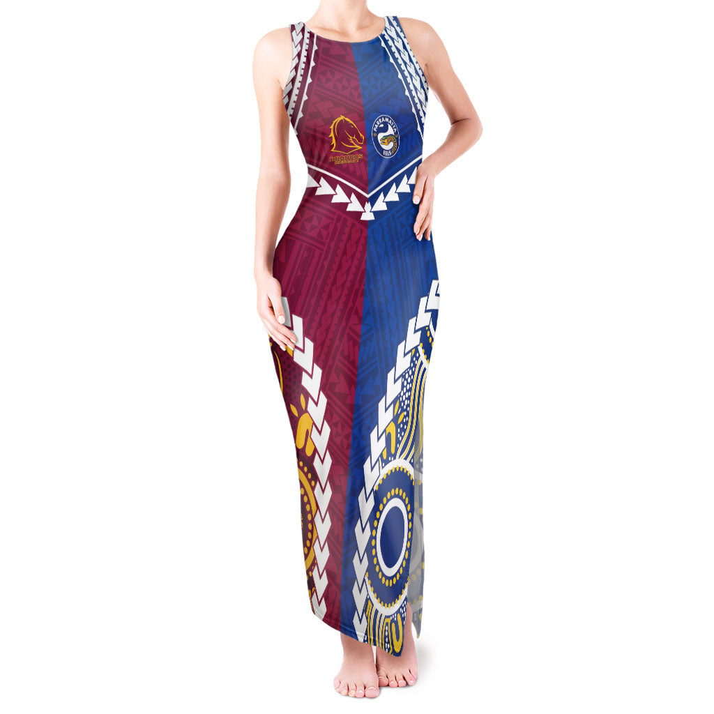 Custom Rugby Broncos and Eels Tank Maxi Dress 2026 Together Aboriginal Polynesian Pattern