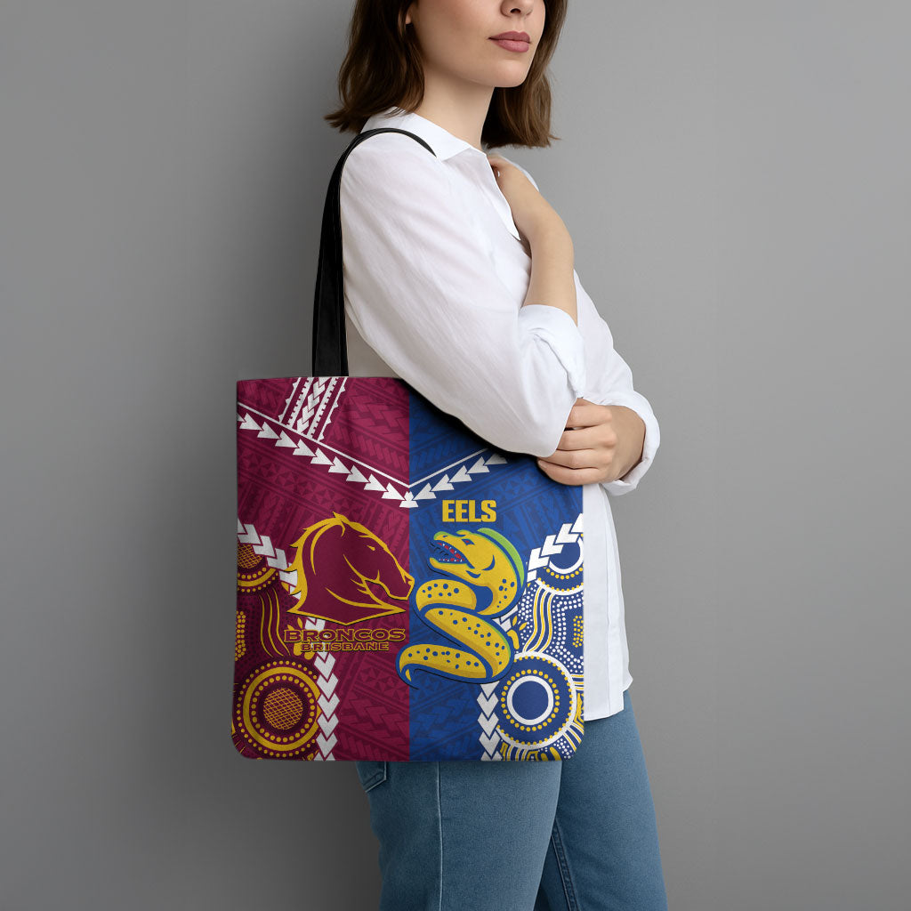 Rugby Broncos and Eels Tote Bag 2026 Together Aboriginal Polynesian Pattern