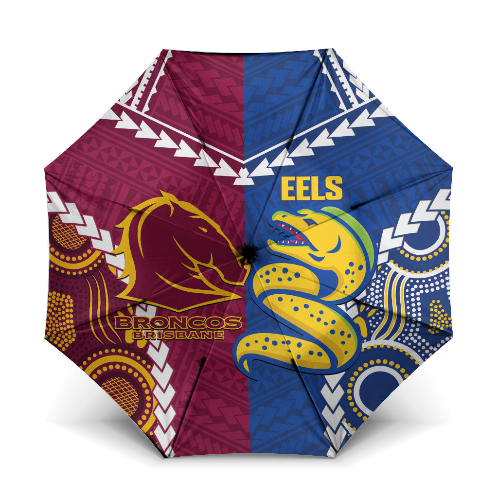 Rugby Broncos and Eels Umbrella 2026 Together Aboriginal Polynesian Pattern