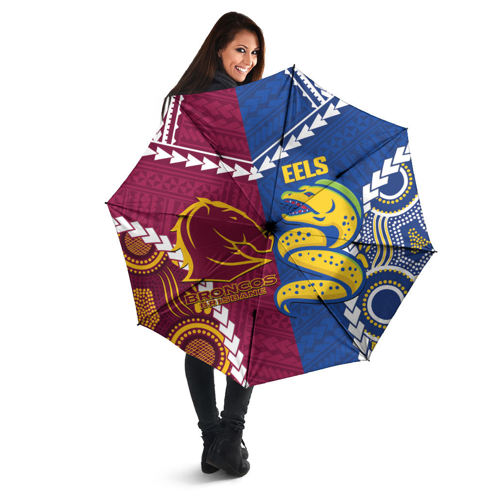 Rugby Broncos and Eels Umbrella 2026 Together Aboriginal Polynesian Pattern