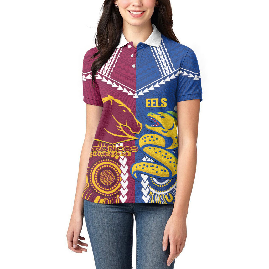 Custom Rugby Broncos and Eels Women Polo Shirt 2026 Together Aboriginal Polynesian Pattern