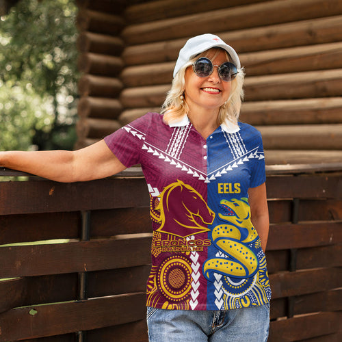 Custom Rugby Broncos and Eels Women Polo Shirt 2026 Together Aboriginal Polynesian Pattern
