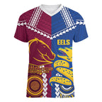 Custom Rugby Broncos and Eels Women V-Neck T-Shirt 2026 Together Aboriginal Polynesian Pattern