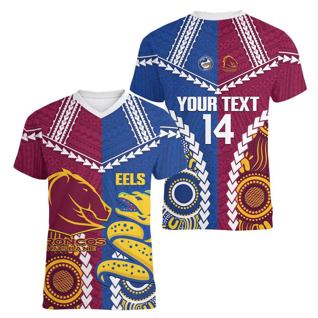 Custom Rugby Broncos and Eels Women V-Neck T-Shirt 2026 Together Aboriginal Polynesian Pattern