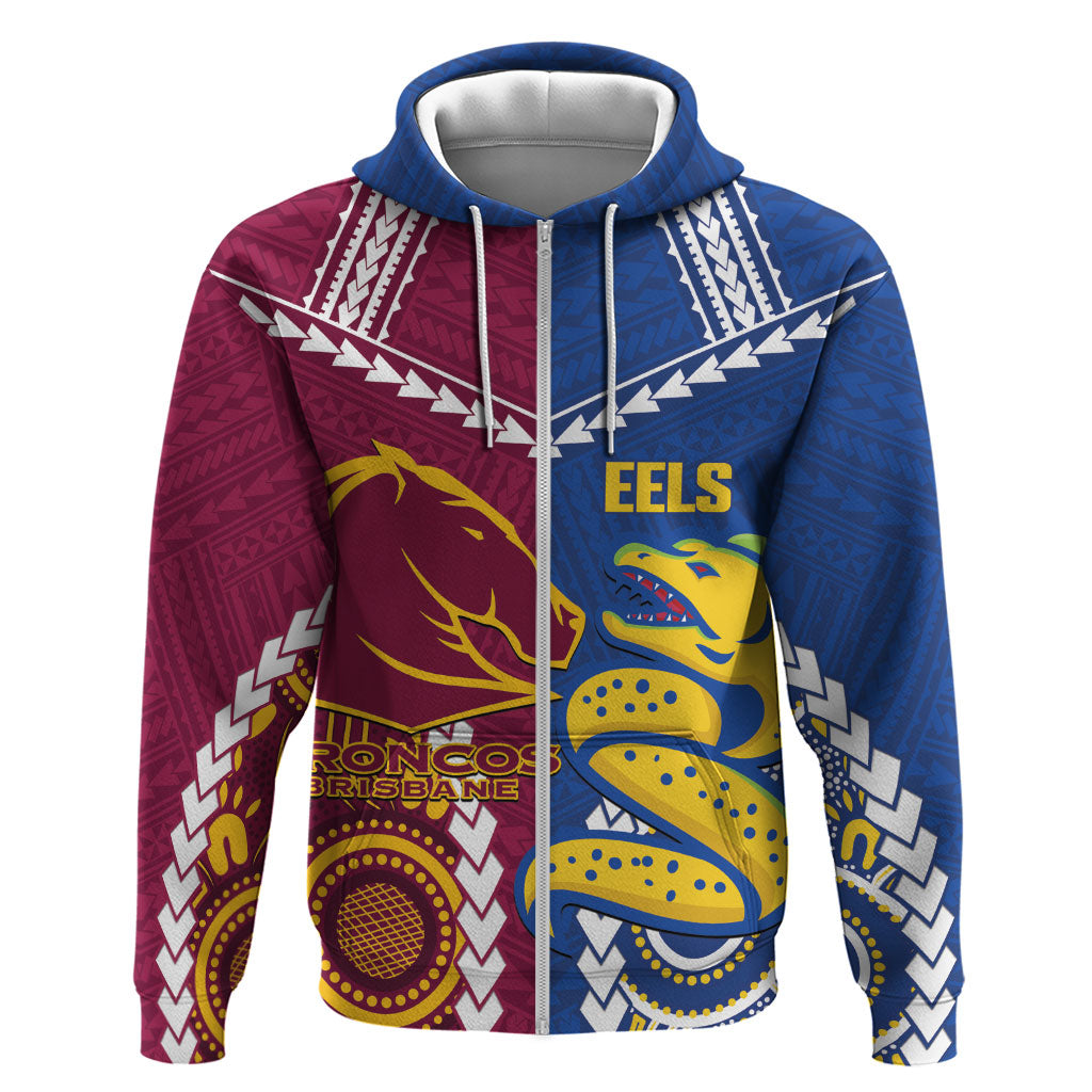 Custom Rugby Broncos and Eels Zip Hoodie 2026 Together Aboriginal Polynesian Pattern