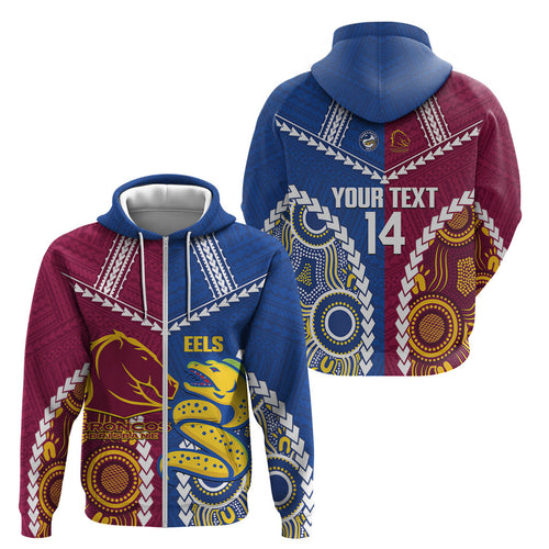 Custom Rugby Broncos and Eels Zip Hoodie 2026 Together Aboriginal Polynesian Pattern