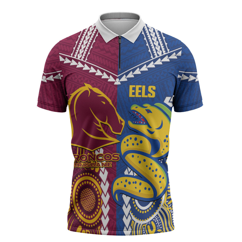 Custom Rugby Broncos and Eels Zipper Polo Shirt 2026 Together Aboriginal Polynesian Pattern