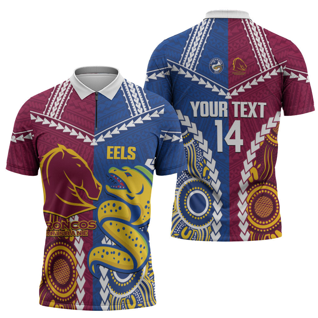 Custom Rugby Broncos and Eels Zipper Polo Shirt 2026 Together Aboriginal Polynesian Pattern