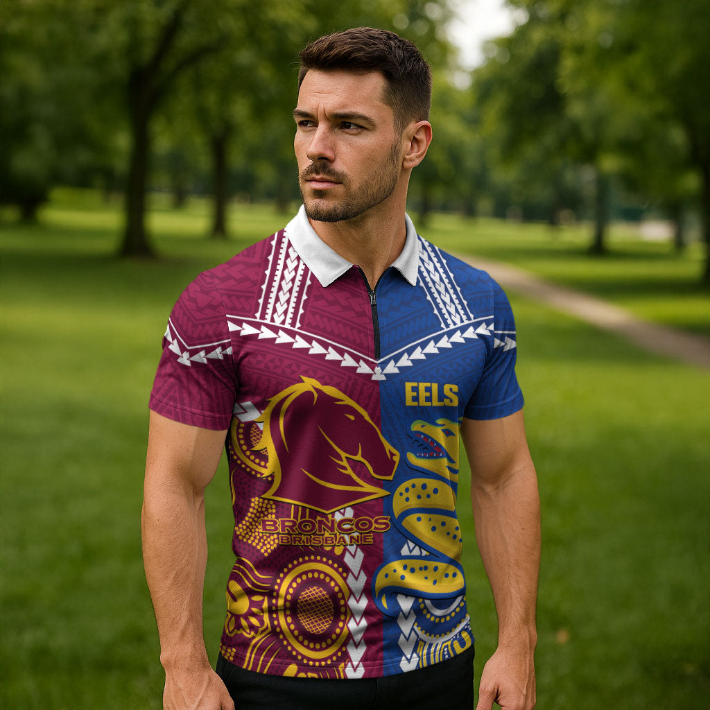 Custom Rugby Broncos and Eels Zipper Polo Shirt 2026 Together Aboriginal Polynesian Pattern