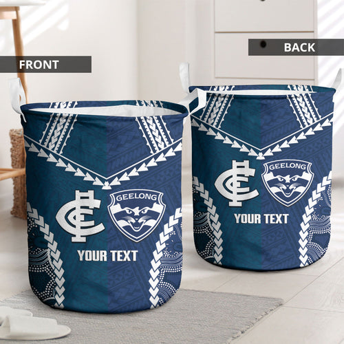 Custom Football Cats and Blues Laundry Basket 2026 Together Aboriginal Polynesian Pattern