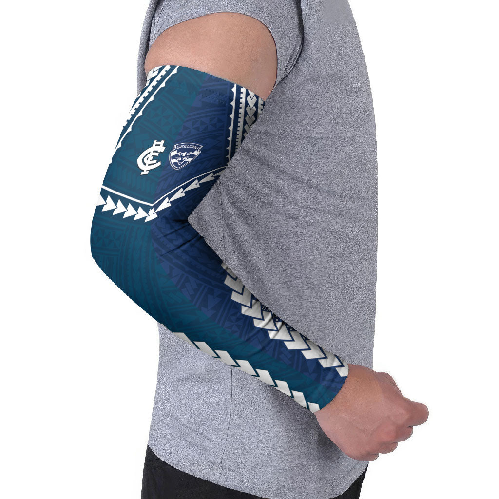 Custom Football Cats and Blues Arm Sleeves 2026 Together Aboriginal Polynesian Pattern