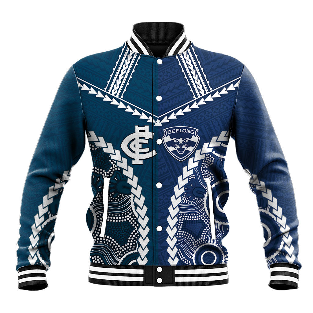 Custom Football Cats and Blues Baseball Jacket 2026 Together Aboriginal Polynesian Pattern