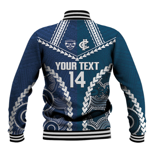 Custom Football Cats and Blues Baseball Jacket 2026 Together Aboriginal Polynesian Pattern