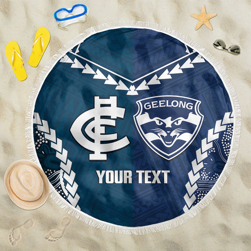 Custom Football Cats and Blues Beach Blanket 2026 Together Aboriginal Polynesian Pattern