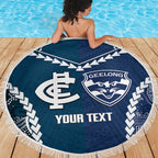 Custom Football Cats and Blues Beach Blanket 2026 Together Aboriginal Polynesian Pattern