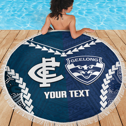 Custom Football Cats and Blues Beach Blanket 2026 Together Aboriginal Polynesian Pattern